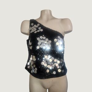 Citrine One Shoulder Sequin Top Black Silver Paillette‎ Party Blouse Womens 8